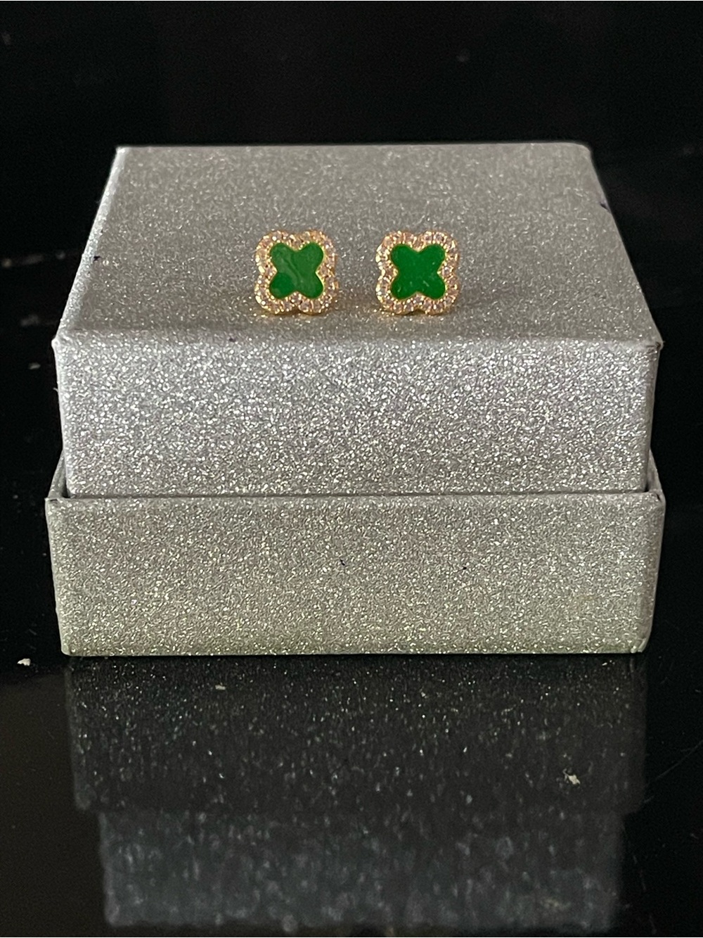 Gold-Tone Green Enamel Clover Stud Earrings